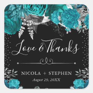 Aquarell Türkis und Silber Blumen Hochzeit Quadratischer Aufkleber