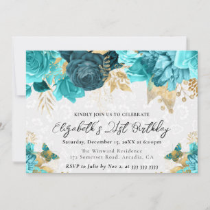 Aquarell-Türkisfarbene und goldene Blumen 21. Gebu Einladung