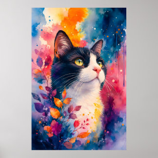 Aquarell-Tuxedo-Katze-Kunstporträt in lebendigen F Poster