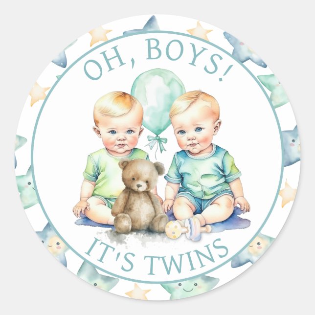 Aquarell Twin Boys Babydusche | Oh, Jungs! Runder Aufkleber (Vorderseite)