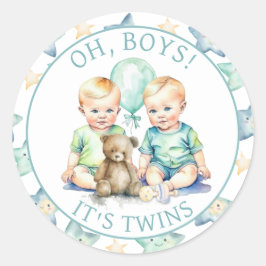 Aquarell Twin Boys Babydusche | Oh, Jungs! Runder Aufkleber