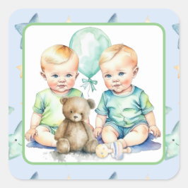 Aquarell Twin Boys Babydusche Quadratischer Aufkleber