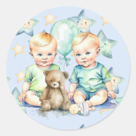 Aquarell Twin Boys Babydusche Runder Aufkleber