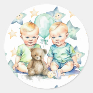 Aquarell Twin Boys Babydusche Runder Aufkleber