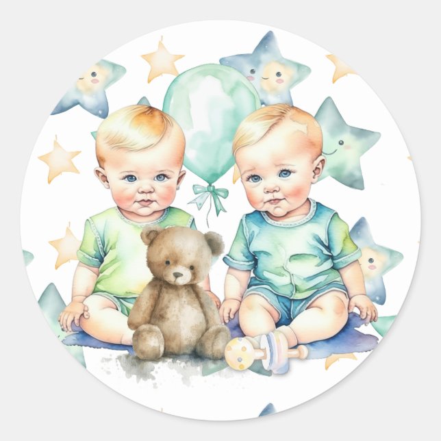 Aquarell Twin Boys Babydusche Runder Aufkleber (Vorderseite)