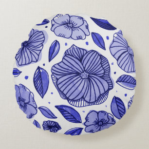 Aquarell und Blume - blaue Farbpalette Rundes Kissen