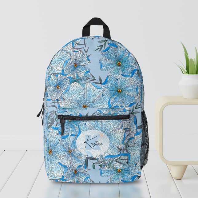 Aquarell und Bohemische blaue Blumen Bedruckter Rucksack (Von Creator hochgeladen)