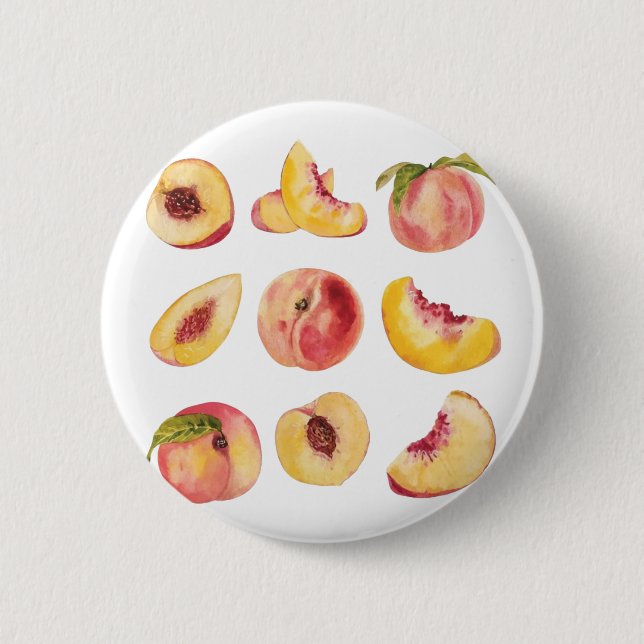 Aquarell und farbenfrohe frische Pfirsichscheiben, Button (Vorderseite)