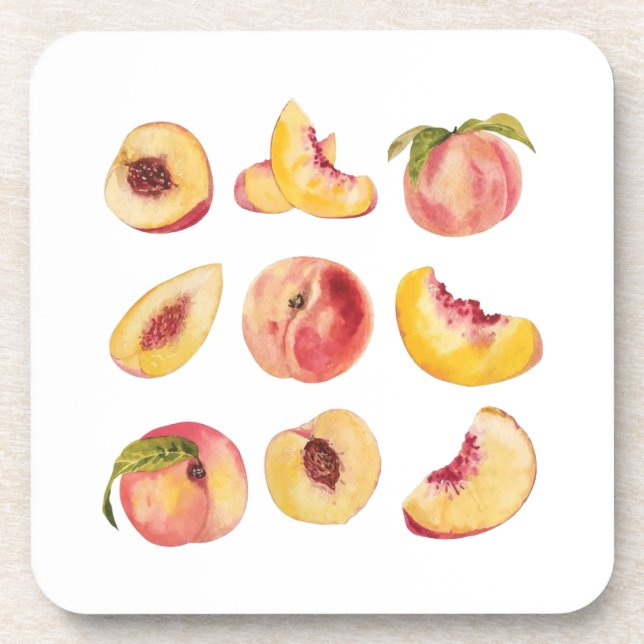 Aquarell und farbenfrohe frische Pfirsichscheiben, Getränkeuntersetzer (Vorderseite)