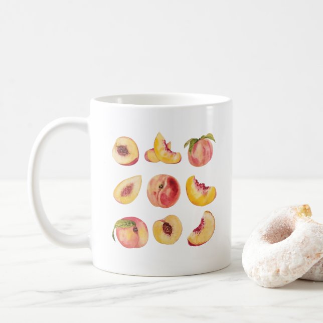 Aquarell und farbenfrohe frische Pfirsichscheiben, Kaffeetasse (Mit Donut)