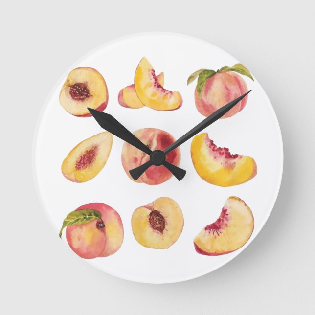 Aquarell und farbenfrohe frische Pfirsichscheiben, Runde Wanduhr (Vorderseite)