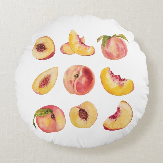 Aquarell und farbenfrohe frische Pfirsichscheiben, Rundes Kissen (Vorderseite)