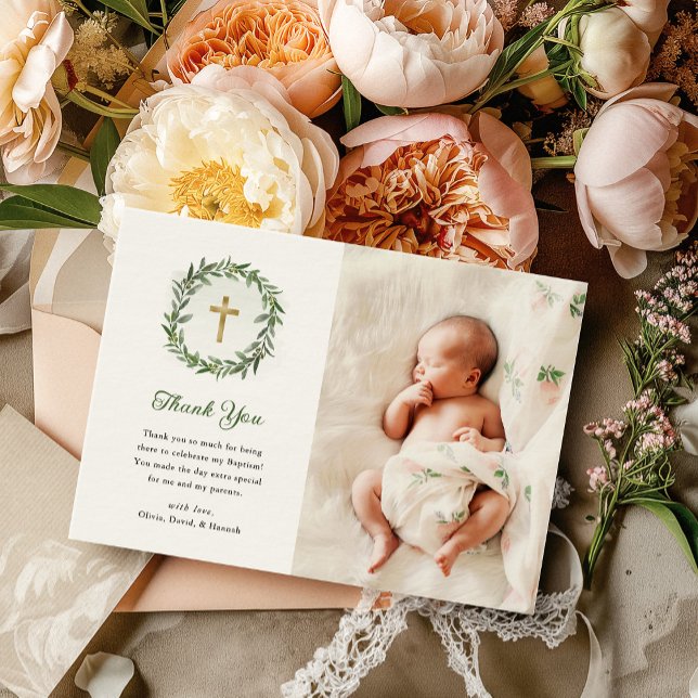 Aquarell und Gold Cross | Foto-Taufe Dankeskarte (Von Creator hochgeladen)