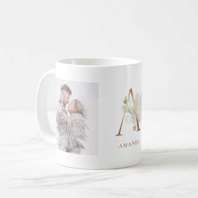 Aquarell und Gold | Zwei Foto Buchstabe A Monogram Kaffeetasse (Vorderseite Links)