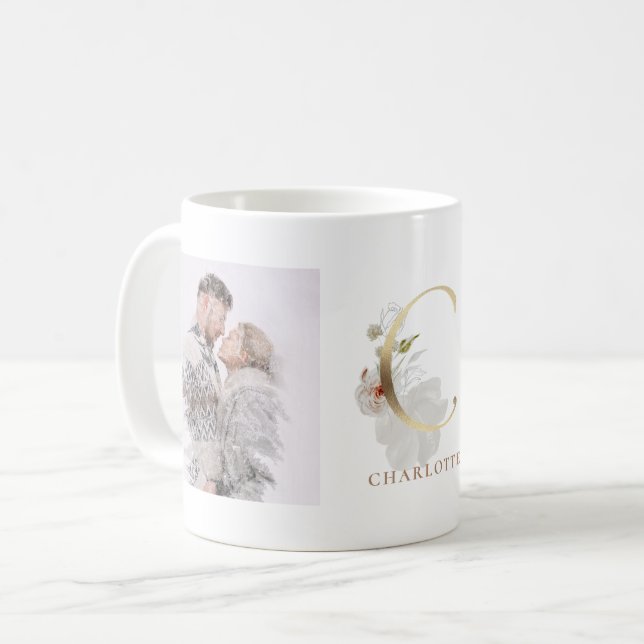 Aquarell und Gold | Zwei Foto Letter C Monogramm Kaffeetasse (Vorderseite Links)