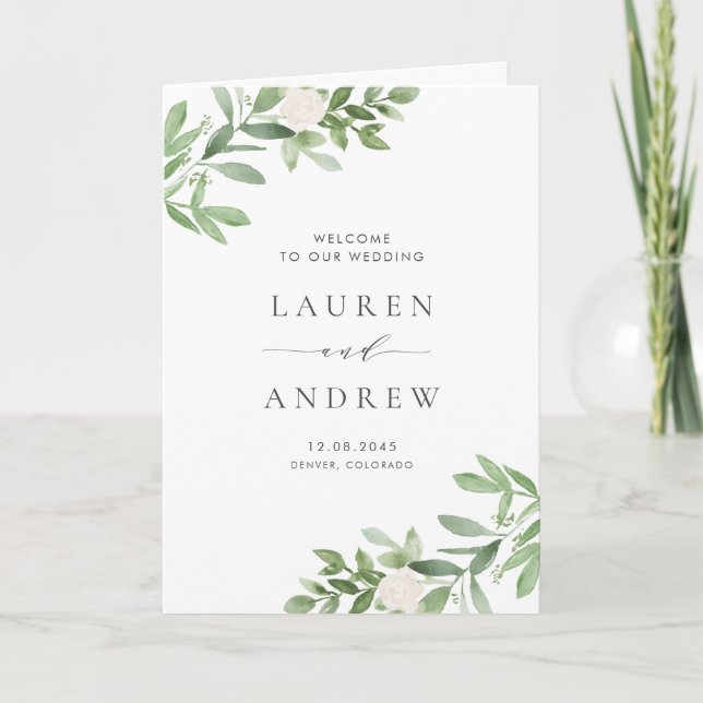 Aquarell und weiße Blume Hochzeit Programm (Vorderseite)