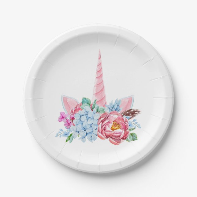 Aquarell Unicorn Blumenkronen Pappteller (Vorderseite)