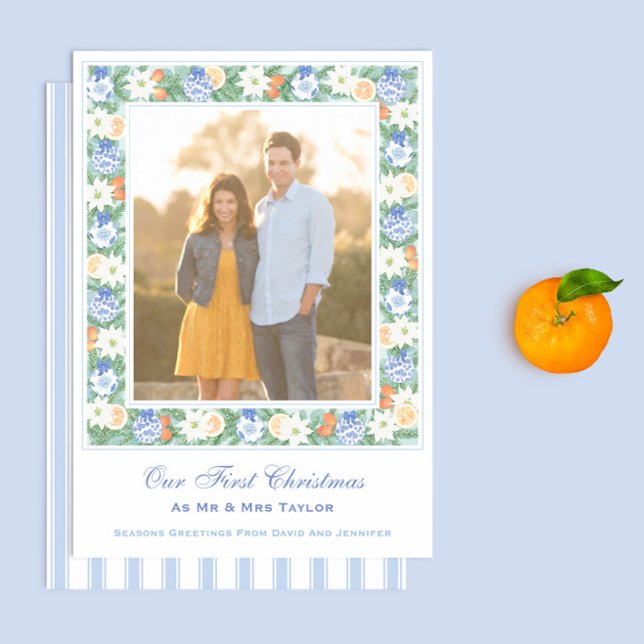 Aquarell Unsere ersten Weihnachten als Mr. und Mrs (Our First Christmas As Mr And Mrs photo holiday cards with citrus blue and white chinoiserie frame)