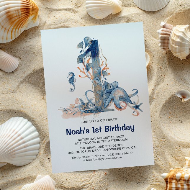 Aquarell unter dem Meer Junge's 1. Geburtstag Einladung (Von Creator hochgeladen)
