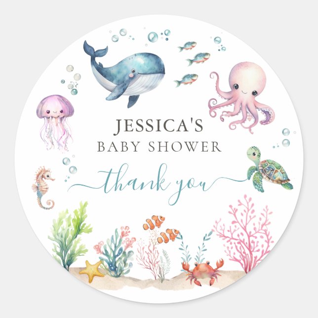 Aquarell unter der Sea Baby Dusche Danke Runder Aufkleber (Vorderseite)