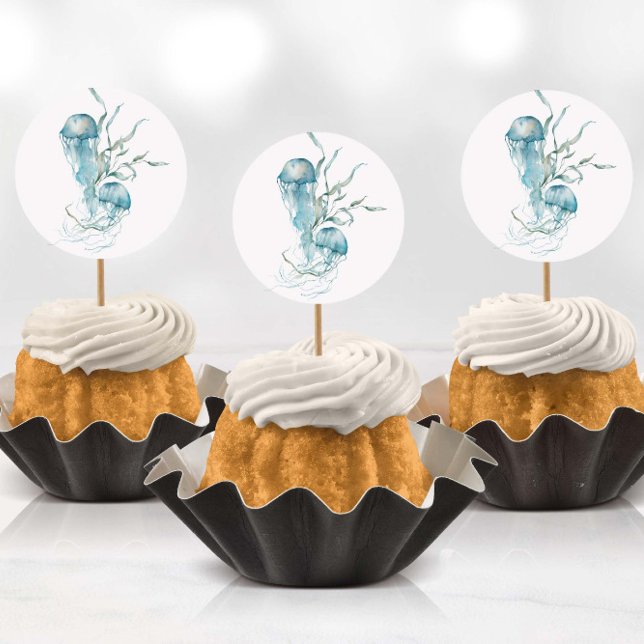 Aquarell Unterhalb der Meeresquallen-Stickers Runder Aufkleber (Stickers being used as cup cake toppers with toothpicks)