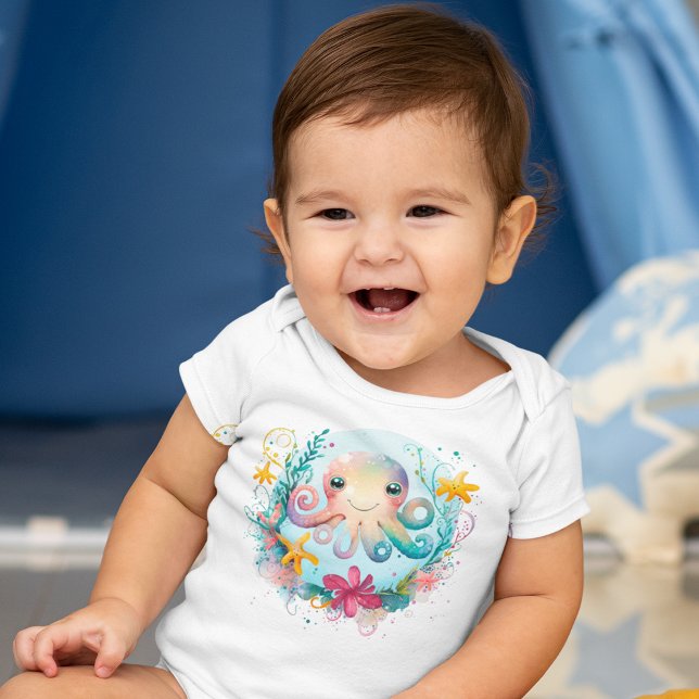 Aquarell Unterseefarbener Oktopus Baby Strampler (Watercolor Undersea Colorful Octopus Baby Bodysuit)