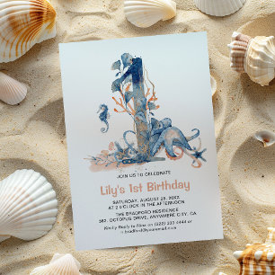 Aquarell-Unterwasser-Mädchen 1. Geburtstag Einladung