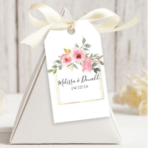 Aquarell Üppig Rosafarbene Blumige Hochzeit Geschenkanhänger