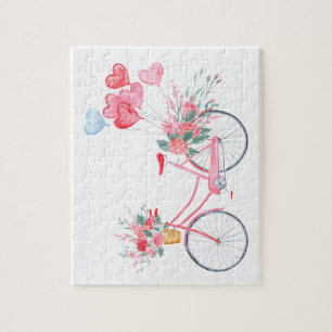 Aquarell-Valentinsgruß Rosa-Fahrrad und Puzzle