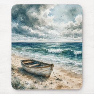 Aquarell verwittertes Ruderboot an einem Küstenstr Mousepad