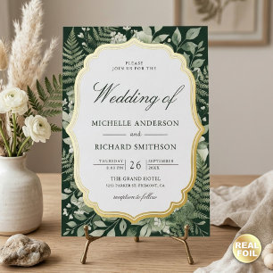 Aquarell Verzauberter Wald QR Code Hochzeit Gold Folieneinladung