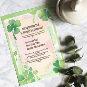Aquarell Vier-Blatt-Kleeblatt Shamrock St. Patrick Einladung
