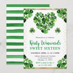 Aquarell Vier Leaf Clovers St Patrick's Sweet 16 Einladung