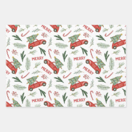 Aquarell Vintag Red Car Weihnachtsbäume Geschenkpapier Set