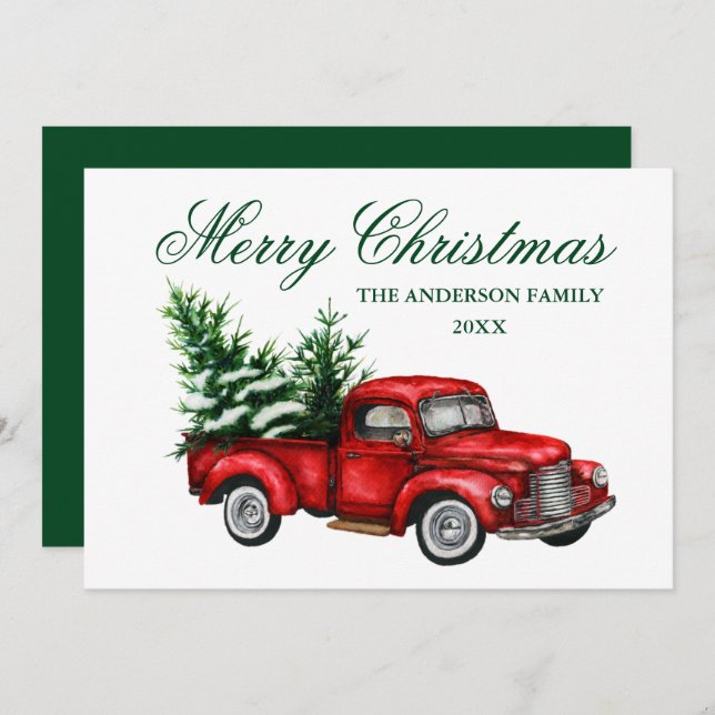 Aquarell Vintag Red Truck Grün Frohe Weihnachten (Vorne/Hinten)