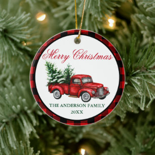 Aquarell Vintag Red Truck Kariert Weihnachten Keramik Ornament