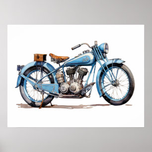 Aquarell Vintage Blaues Klassisches Motorrad Poster