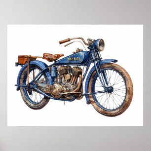 Aquarell Vintage Blaues Motorrad Poster