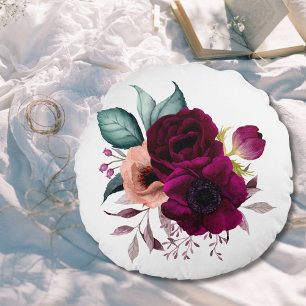 Aquarell Vintage Boho Lila Blumen Floral Rundes Kissen