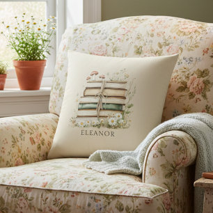 Aquarell-Vintage-Bücher und Wildblumen Kissen