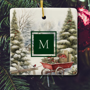Aquarell Vintage-Christbaum-Wald-Monogramm Keramikornament