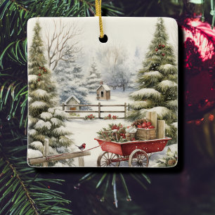 Aquarell-Vintage-Christbaum-Wald-Ornament Keramikornament
