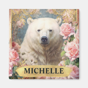 Aquarell Vintage Eisbär und rosa Rosen Magnet