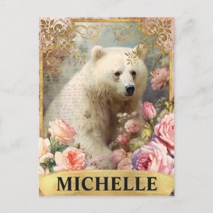 Aquarell-Vintage-Eisbär und rosa Rosen Postkarte