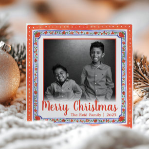 Aquarell Vintage Floral Rot & Blau Foto Feiertagskarte