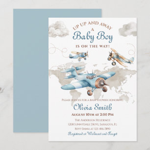 Aquarell Vintage Flugzeug Reise Junge Babyparty Einladung