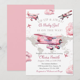 Aquarell Vintage Flugzeug Reise Mädchen Baby Showe Einladung