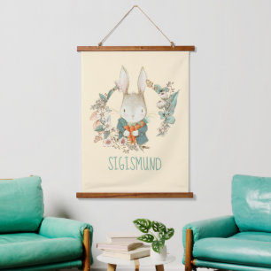 Aquarell Vintage Hase personalisiert Wandteppich Mit Holzrahmen