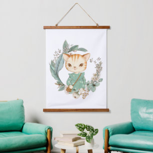 Aquarell Vintage Kitty Wandteppich Mit Holzrahmen