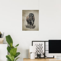 Aquarell-Vintage-Look-Bison-Büffel-Tierkunst